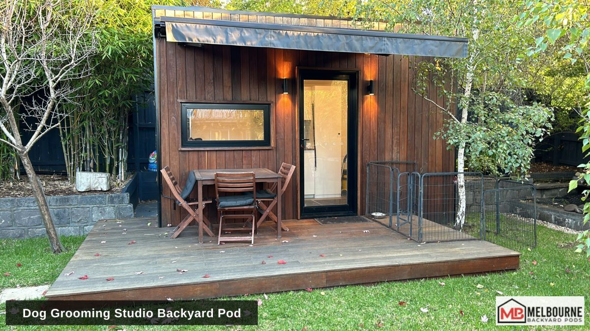 Dog grooming studio in a backyard pod showing commercial use potential